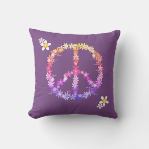 Peace sign with colourful flowers throw pillow