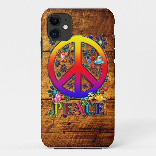 Peace Sign with Flowers & Birds Faux Wood Backgrou Case-Mate iPhone Case (Back)