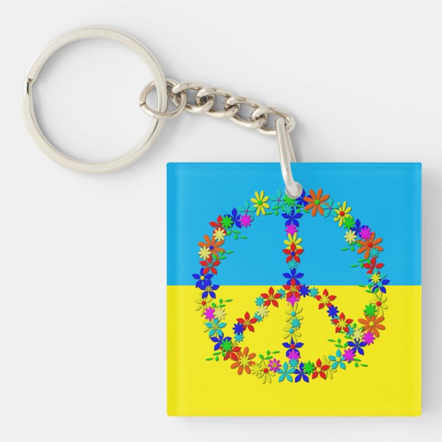 Peace sign with flowers,ukrainian flag  button keychain (Front)