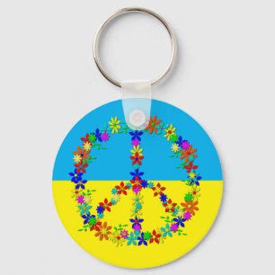 Peace sign with flowers,ukrainian flag  button keychain