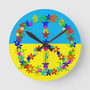 Peace sign with flowers,ukrainian flag  button wat round clock