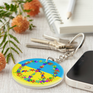 Peace sign with flowers,ukrainian flag  keychain
