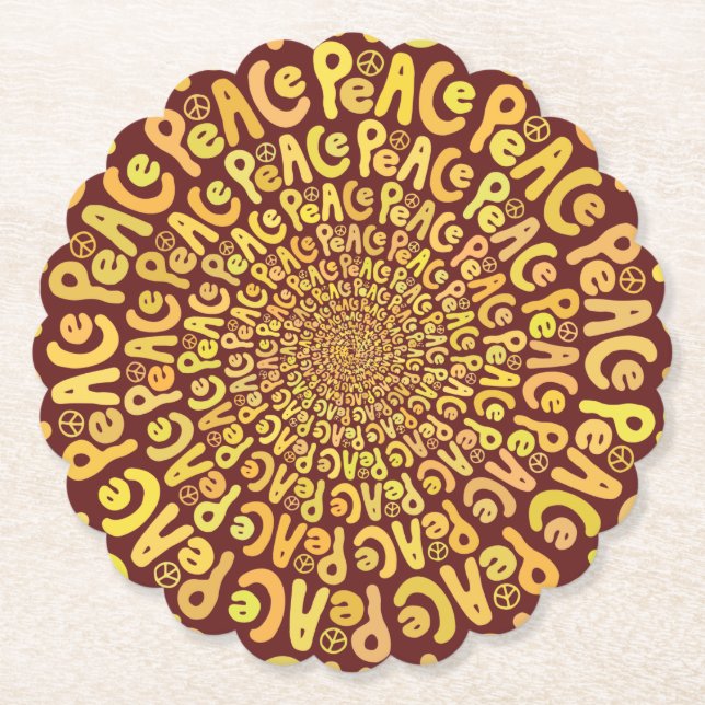 Peace sign word spiral yellow orange burgundy red  paper coaster (Front)