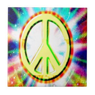 PEACE Sign Yellow Colourful Happy and Fun Tile