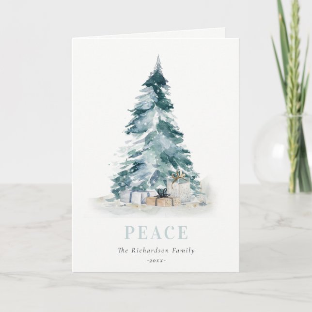 Peace Snow Watercolor Pine Christmas Tree Gifts Holiday Card (Front)