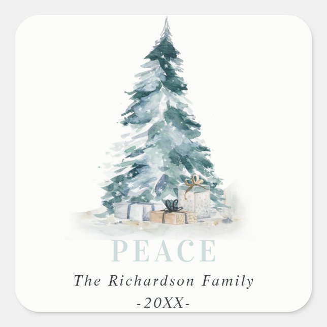 Peace Snow Watercolor Pine Christmas Tree Gifts Square Sticker (Front)