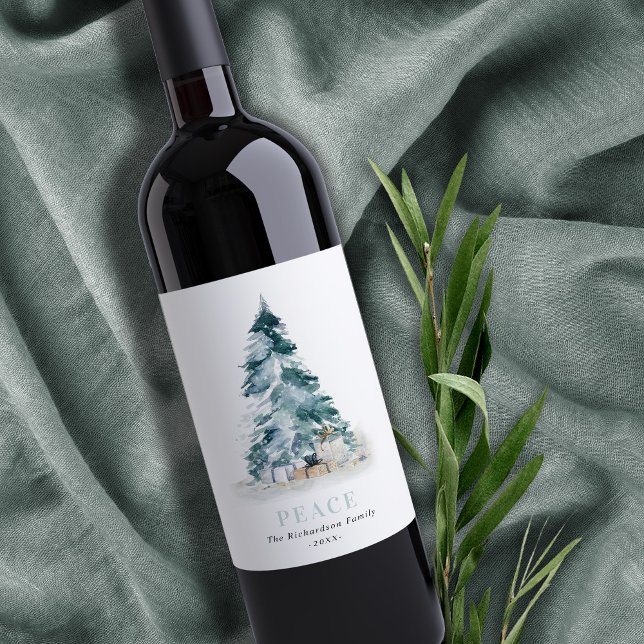Peace Snow Watercolor Pine Christmas Tree Gifts Wine Label (Creator Uploaded)