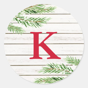 Peace, Snowy Evergreen Monogram Initial Classic Round Sticker