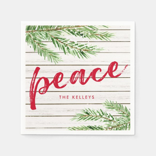 Peace, Snowy Evergreen Personalized Holiday Napkin (Front)