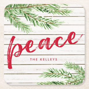 Peace, Snowy Evergreen Personalized Square Paper Coaster