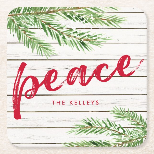Peace, Snowy Evergreen Personalized Square Paper Coaster (Front)
