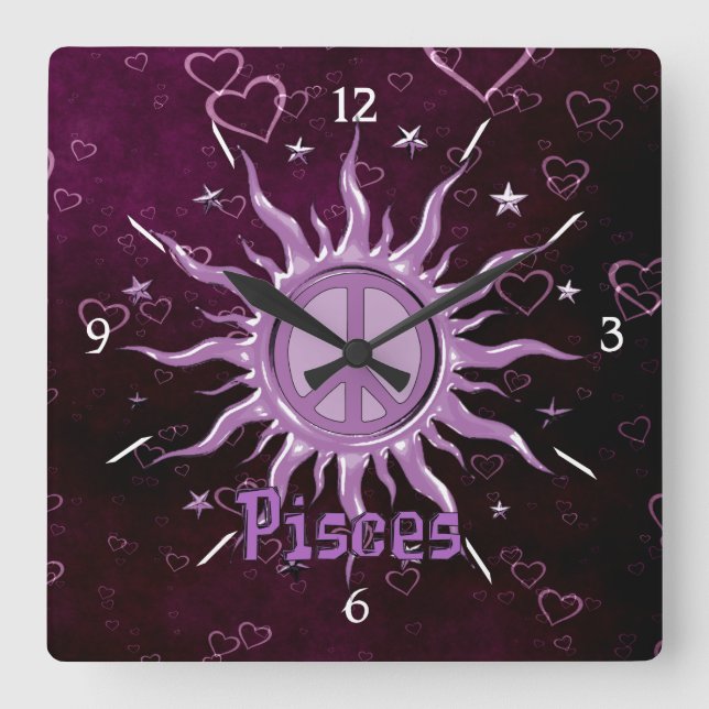 Peace Sun Pisces Square Wall Clock (Front)
