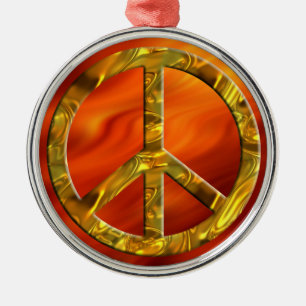 PEACE symbol - GOLD fire red Metal Ornament