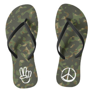 PEACE Symbol Hand V Sign Hippie Green Camouflage Flip Flops