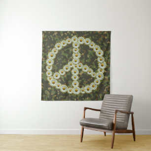 PEACE Symbol Sign - Hippie Flower Daisy Camouflage Tapestry