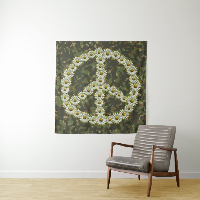 PEACE Symbol Sign - Hippie Flower Daisy Camouflage Tapestry (In Situ)