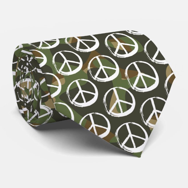 PEACE Symbol sign - War Khaki Camouflage Green Tie (Rolled)