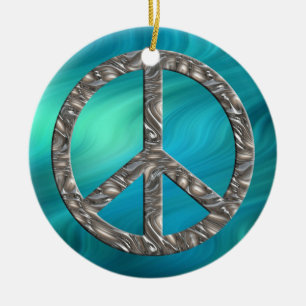 PEACE symbol  - SILVER   bluegreen waves Ceramic Ornament