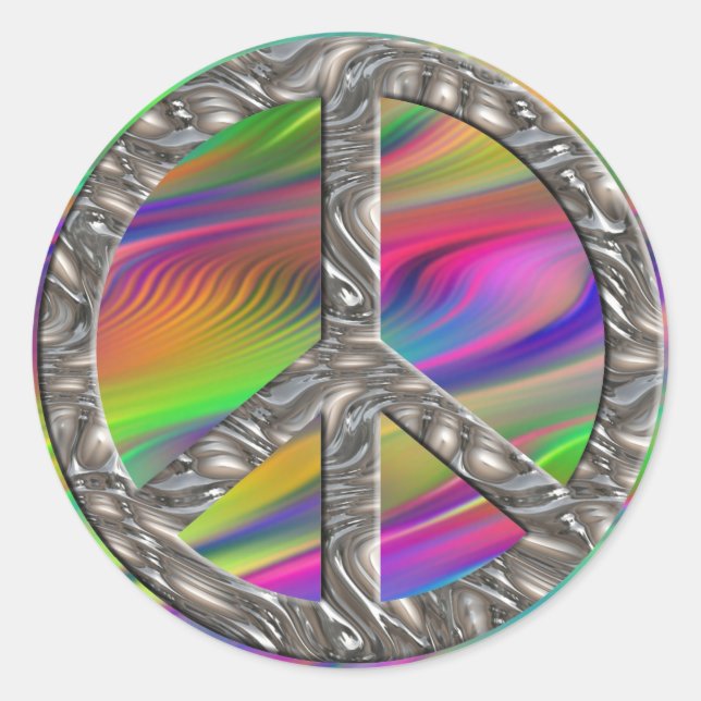 PEACE symbol  - SILVER | coloured waves Classic Round Sticker (Front)