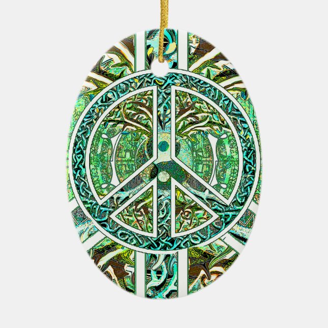 Peace Symbol, Yin Yang, Tree of Life in Green Ceramic Ornament (Front)