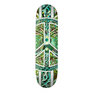 Peace Symbol, Yin Yang, Tree of Life in Green Skateboard