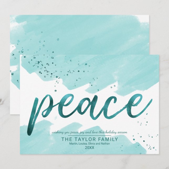 Peace | Teal Watercolor Christmas Holiday Card (Front/Back)