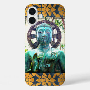 Peace Turquoise Buddha Photo With Gold Mosaic iPhone 16 Plus Case