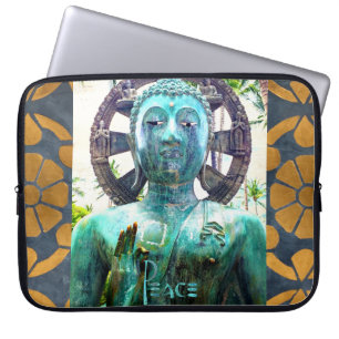 Peace Turquoise Buddha Statue Gold Mosaic Photo Laptop Sleeve