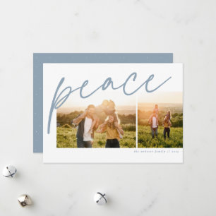 Peace two photo simple light blue family Christmas Holiday Card