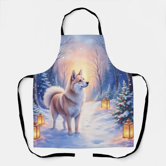 Peaceful Akita on Snow Lantern Path Christmas Dog  Apron (Front)