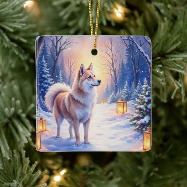 Peaceful Akita on Snow Lantern Path Christmas Dog  Ceramic Ornament (Tree)