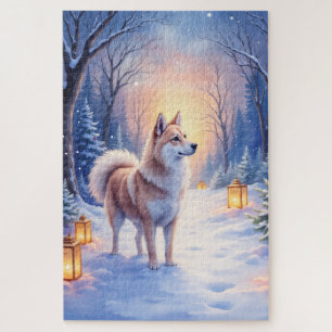 Peaceful Akita on Snow Lantern Path Christmas Dog  Jigsaw Puzzle