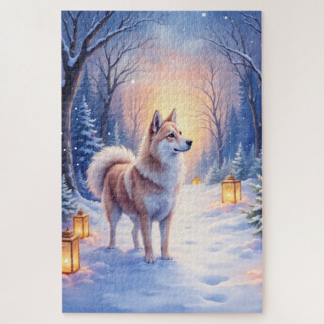 Peaceful Akita on Snow Lantern Path Christmas Dog  Jigsaw Puzzle (Vertical)