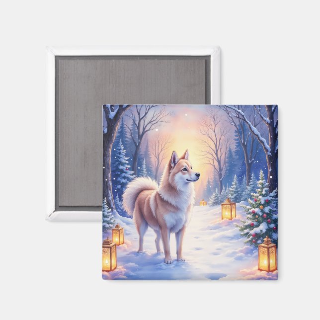 Peaceful Akita on Snow Lantern Path Christmas Dog  Magnet (Front/Back)