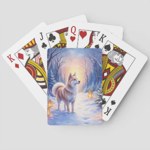 Peaceful Akita on Snow Lantern Path Christmas Dog Playing Cards