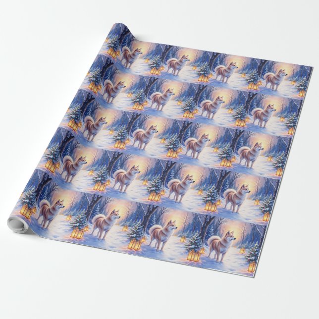 Peaceful Akita on Snow Lantern Path Christmas Dog  Wrapping Paper (Unrolled)