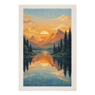Peaceful Alpine Lake Sunset Retro Travel Poster