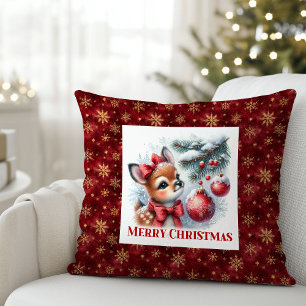 Peaceful baby deer Christmas scene snowy kids room Throw Pillow