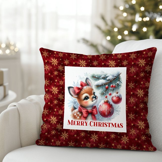 Peaceful baby deer Christmas scene snowy kids room Throw Pillow (Peaceful baby deer Christmas scene snowy kids room decor)