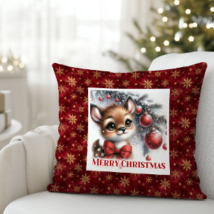 Peaceful Baby Deer Watercolor Snowy Gift Christmas Throw Pillow