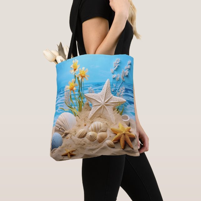 PEACEFUL BEACH SCENE WITH SEASHELLS TOTE BAG (Close Up)