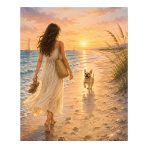 Peaceful Beach Sunset Dog Watercolor Illustration Photo Print