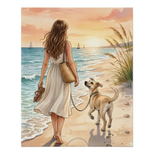 Peaceful Beach Sunset Dog Watercolor Illustration Poster