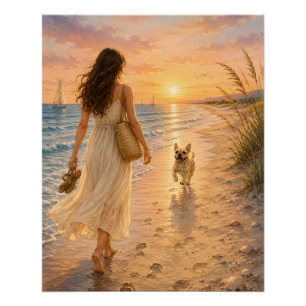 Peaceful Beach Sunset Dog Watercolor Illustration Poster
