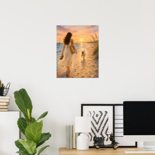 Peaceful Beach Sunset Dog Watercolor Illustration Poster