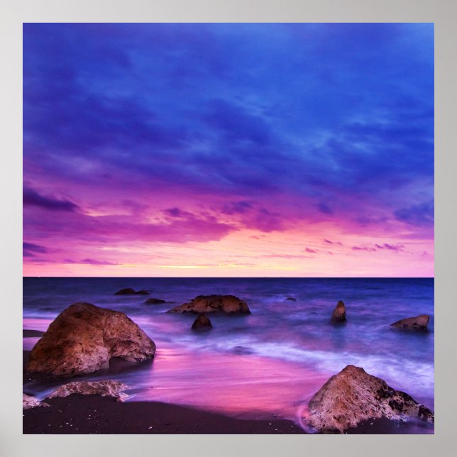 Peaceful Beach Sunset with Rocks and cloudy sky Poster (Front)