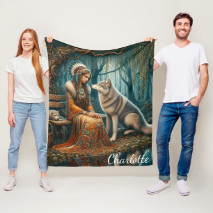 Peaceful bond: Native woman and wolf Fleece Blanket
