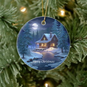 Peaceful Cabin in Winter Forest Ceramic Ornament