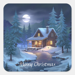 Peaceful Cabin in Winter Forest Square Sticker