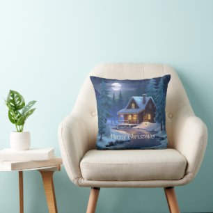 Peaceful Cabin in Winter Forest Throw Pillow